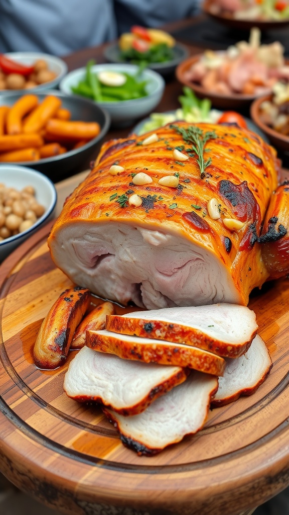 Slow-roasted pork picnic shoulder on a wooden platter, sliced to show juicy interior, with herbs and sides.